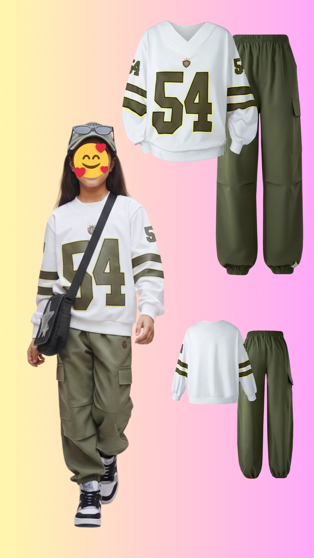 Ensemble Streetwear Fille 👧💖 2 Pièces - Sweat Sport "54" 🏈 & Pantalon Cargo Vert Kaki 🌿👖