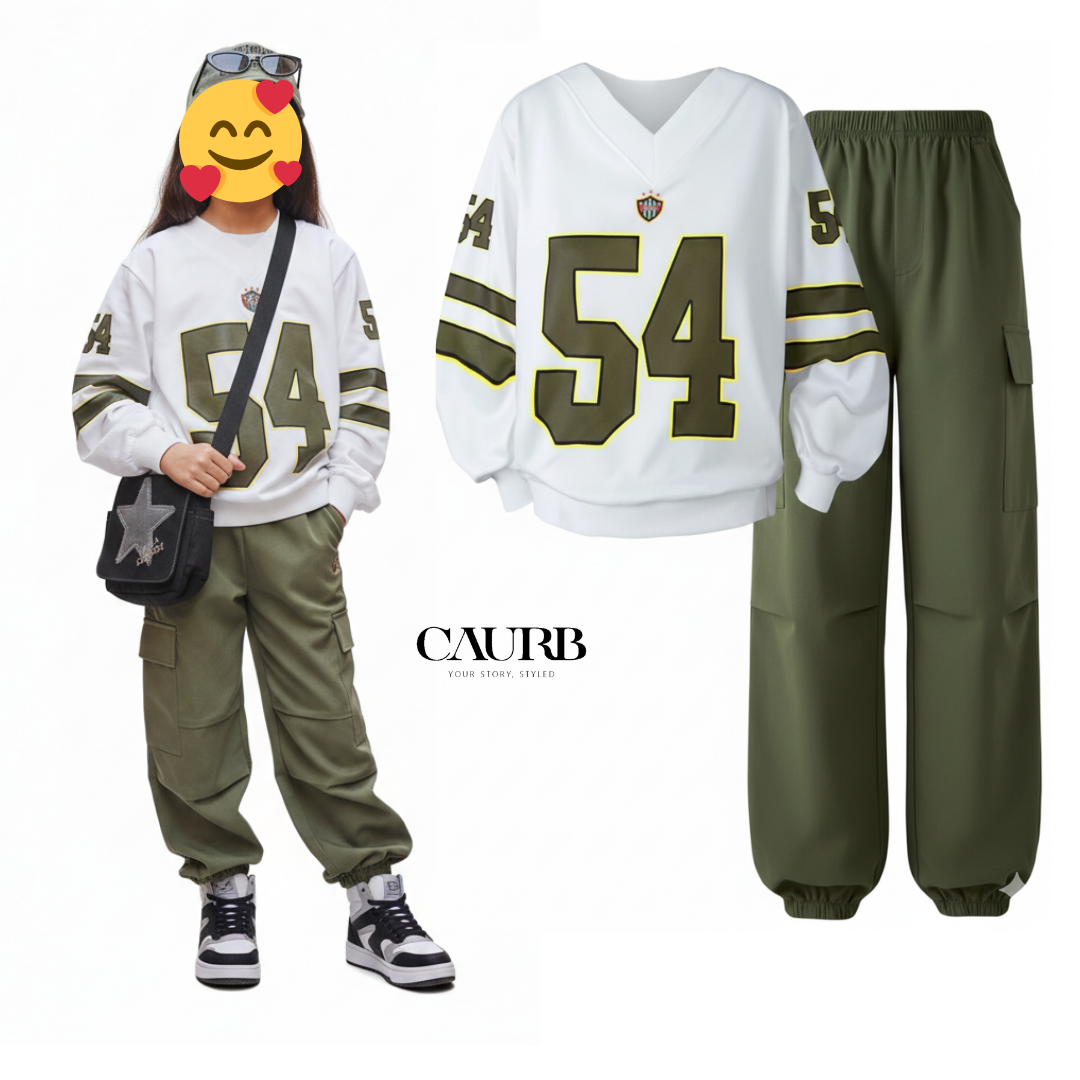 Ensemble Streetwear Fille 👧💖 2 Pièces - Sweat Sport "54" 🏈 & Pantalon Cargo Vert Kaki 🌿👖