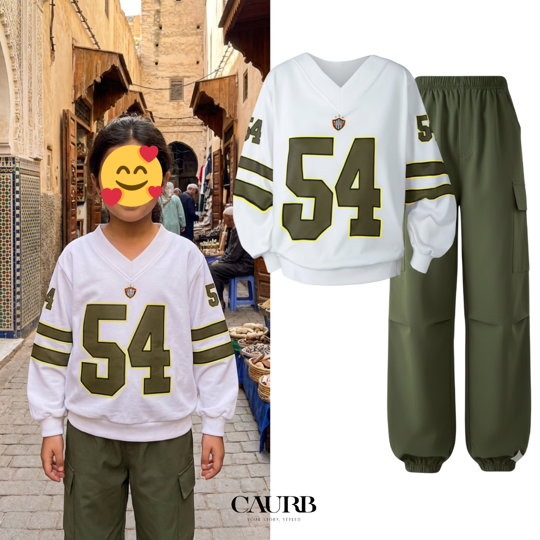 Ensemble Streetwear Fille 👧💖 2 Pièces - Sweat Sport "54" 🏈 & Pantalon Cargo Vert Kaki 🌿👖