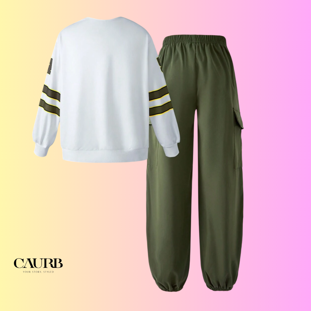 Ensemble Streetwear Fille 👧💖 2 Pièces - Sweat Sport "54" 🏈 & Pantalon Cargo Vert Kaki 🌿👖